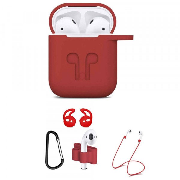 Wholesale 5 in 1 Accessories Kits Silicone Cover with Ear Hook Grips / Staps / Clip / Skin / Tips for Airpods 2 / 1 Charging Case (Red)